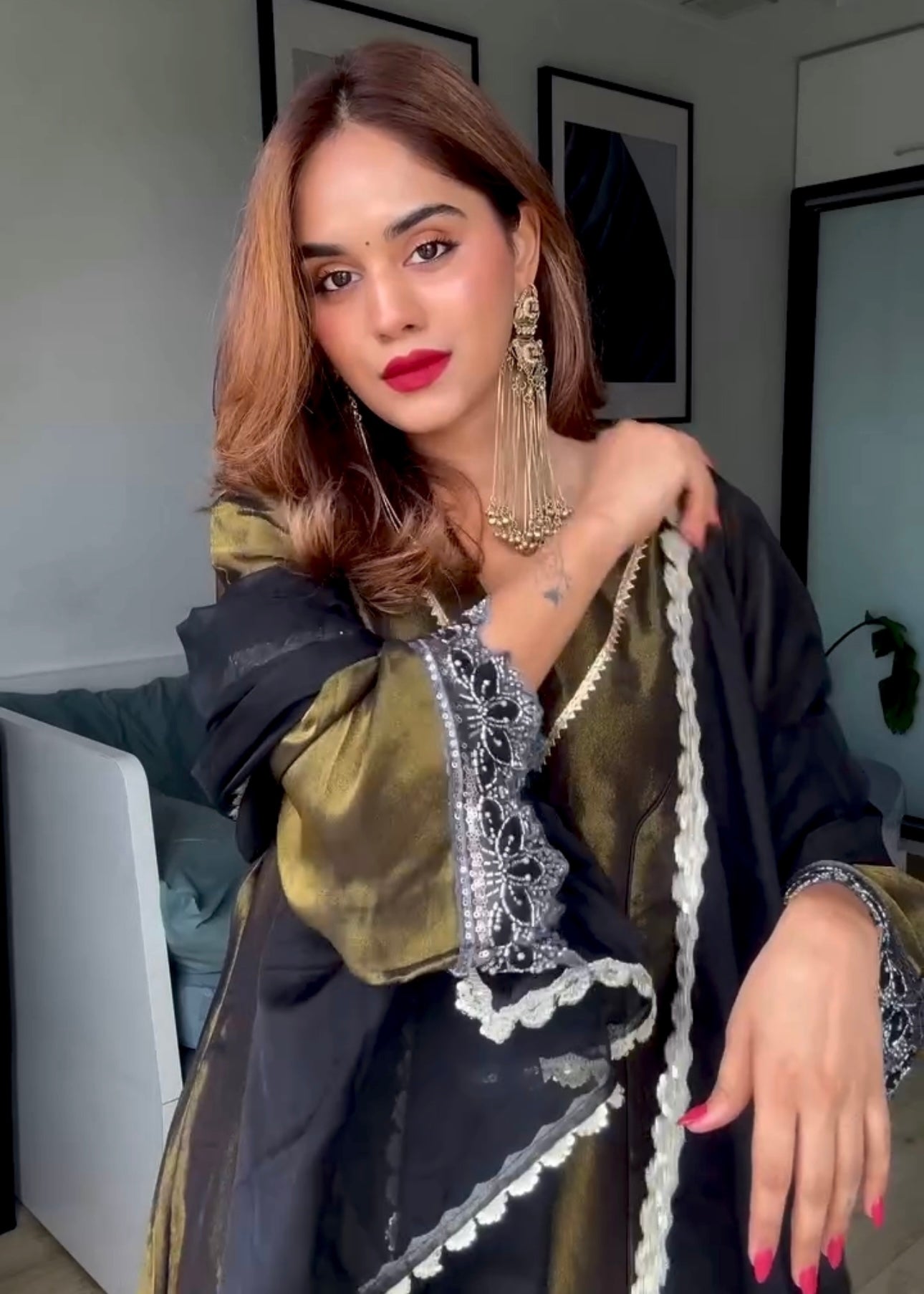 Pooja Mundra in Ojasvini-Olive Black Kalidar Suit Set
