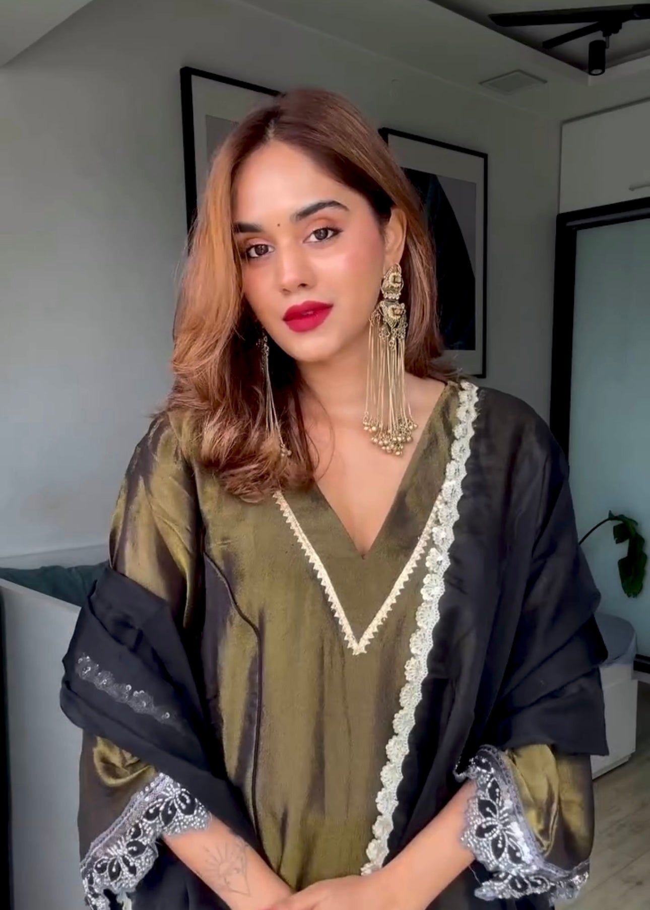Pooja Mundra in Ojasvini-Olive Black Kalidar Suit Set