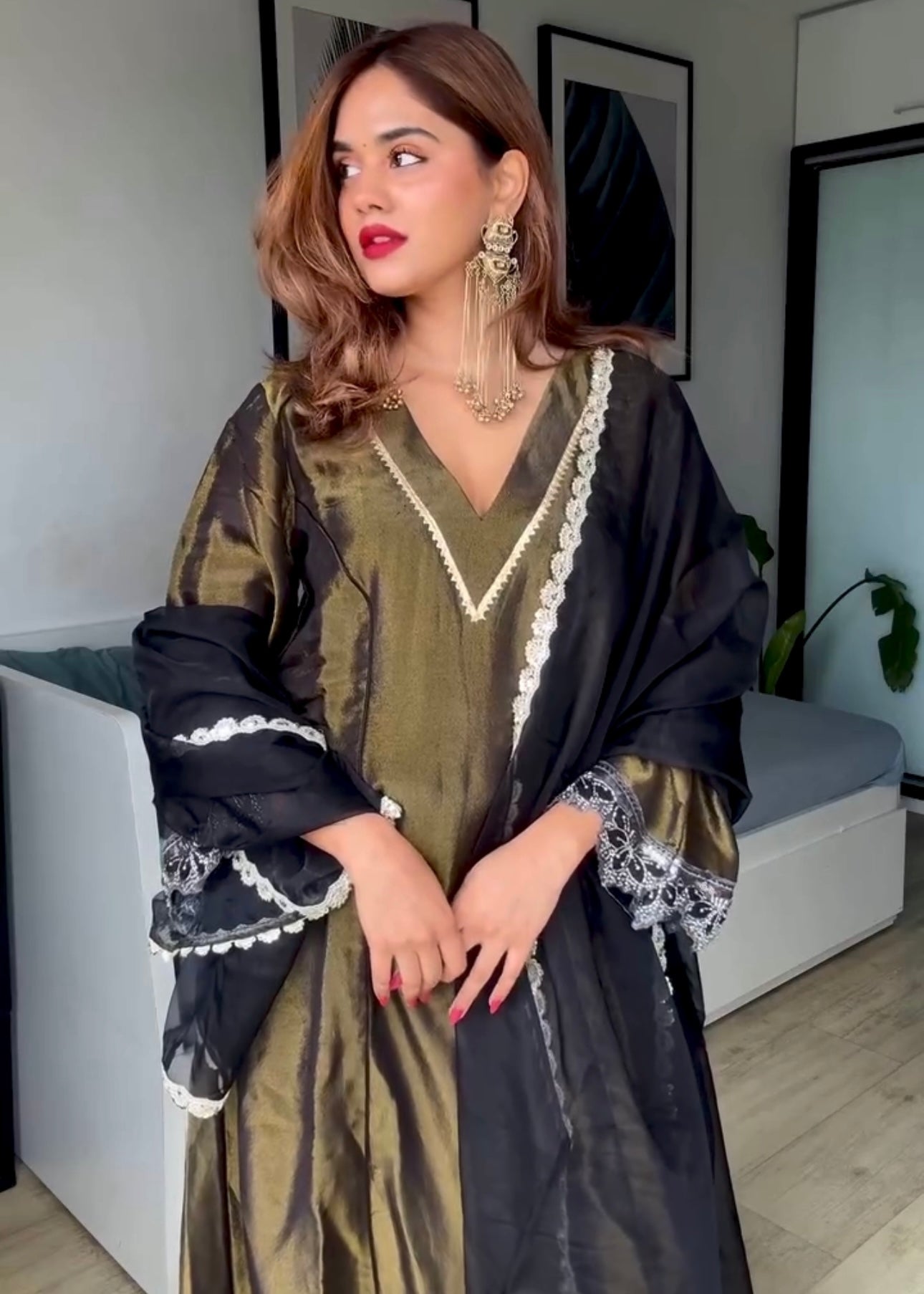 Pooja Mundra in Ojasvini-Olive Black Kalidar Suit Set
