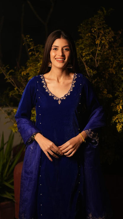 Vridhi Jain in Mehvish -Royal Blue Velvet- Kalidaar Suit Set
