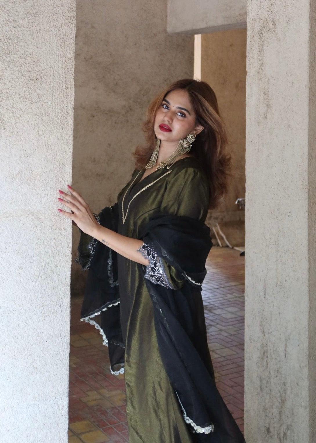 Pooja Mundra in Ojasvini-Olive Black Kalidar Suit Set